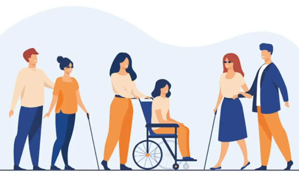 Obrazek wyróżniający do artykułu - rodzaje niepełnosprawności. Ilustracja przedstawia grupę pięciu osób, z których każda ma inną niepełnosprawność. Ilustracja jest wykonana w stylu płaskim, z wykorzystaniem prostych kształtów i kolorów. Opis poszczególnych postaci (od lewej do prawej): Mężczyzna z laską: Postać ubrana w pomarańczową koszulkę i niebieskie spodnie. Trzyma w ręku białą laskę, co sugeruje, że jest niewidomy lub niedowidzący. Kobieta z laską: Ubrana w pomarańczową bluzkę i niebieskie spodnie. Również trzyma białą laskę, co oznacza, że jest niewidoma lub niedowidząca. Kobieta prowadząca wózek inwalidzki: Kobieta ubrana w kremową bluzkę i pomarańczowe spodnie, prowadzi osobę siedzącą na wózku inwalidzkim. Osoba na wózku inwalidzkim: Ubrana w kremową bluzkę i pomarańczowe spodnie, siedzi na wózku inwalidzkim. Kobieta z laską i mężczyzna: Kobieta ubrana w kremową bluzkę i niebieską spódnicę, trzyma białą laskę, sugerując, że jest niewidoma lub niedowidząca. Obok niej stoi mężczyzna ubrany w niebieską marynarkę i pomarańczowe spodnie, który ją prowadzi. Tło ilustracji jest jasne, z delikatnymi, falującymi kształtami w kolorze jasnoniebieskim, co nadaje całości spokojny, harmonijny wygląd.