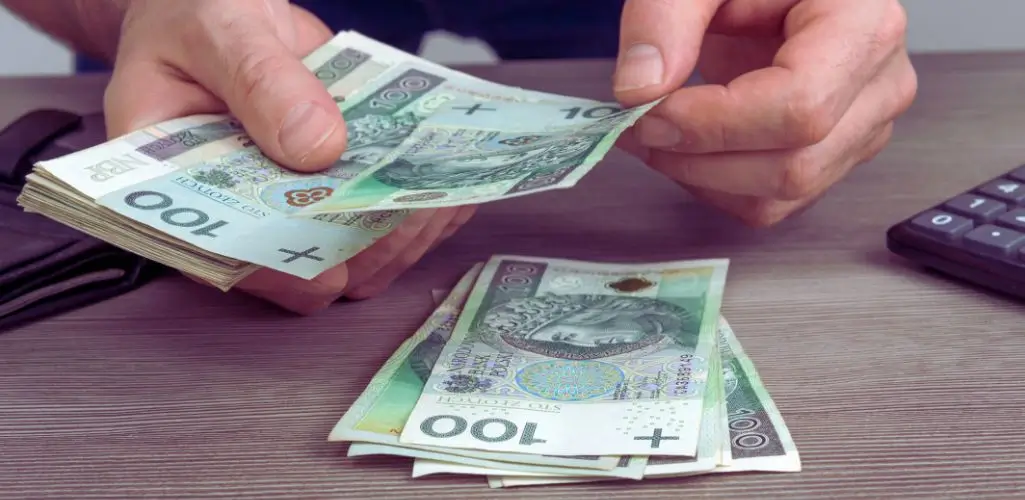 Obrazek wyróżniający do artykułu - ile pieniędzy przysługuje osobie z grupą inwalidzką. Na obrazie widzimy ręce osoby liczącej polskie banknoty o nominale 100 złotych. Na stole leży kilka banknotów, a osoba trzyma resztę w dłoniach, przeglądając je jeden po drugim. W tle, z prawej strony, znajduje się kalkulator, co sugeruje, że scena może dotyczyć liczenia lub rozliczania pieniędzy. Cała scena ma biznesowy lub finansowy charakter, skoncentrowany na obsłudze gotówki.